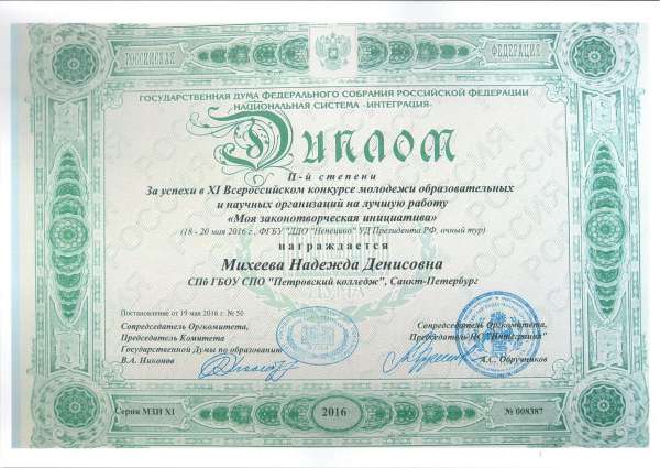 За успехи в XI Всероссийском конкурсе молодежи образовательных и научных организаций на лучшую работу "Моя законотворческая инициатива"&nbsp;