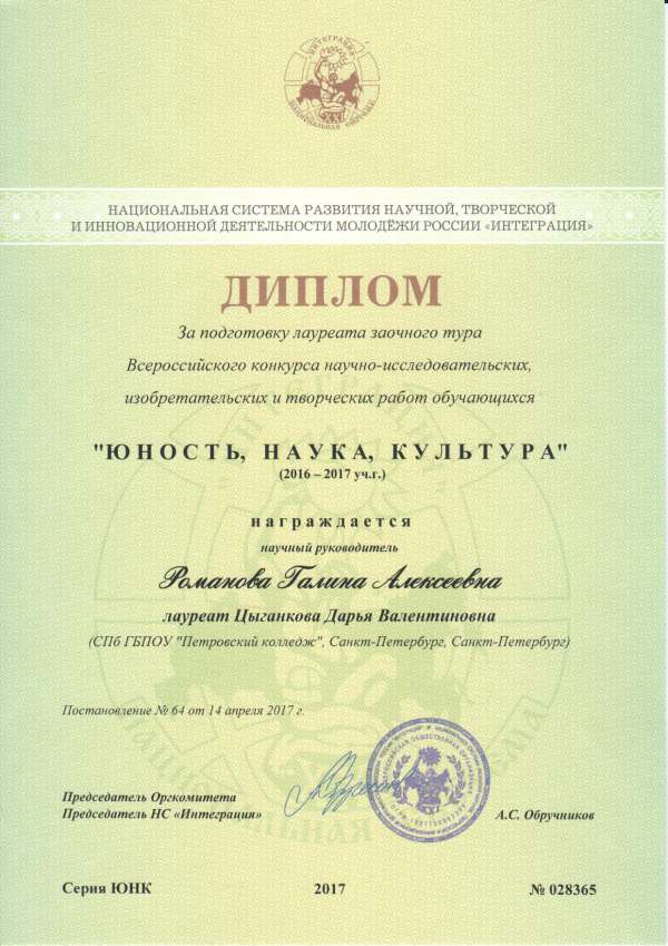 Диплом за подготовку лауреата заочного тура Всероссийского конкурса научно-исследовательских, изобретательских и творческих работ обучающихся