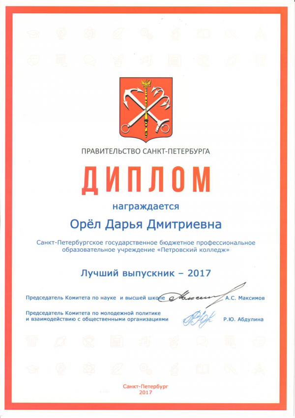 Диплом Орёл Д.Д. лучшему выпускнику-2017 года