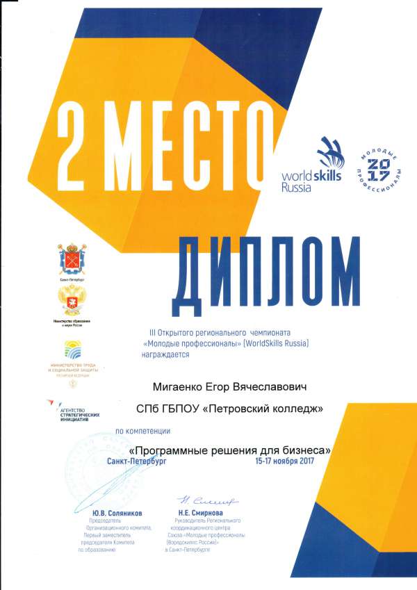 Диплом за 2 место III открытого регионального чемпионата "Молодые профессионалы" (WorldSkils Russia)