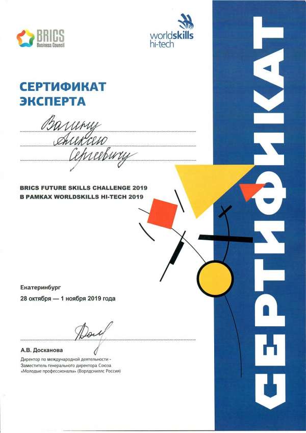 <p>Сертификат эксперта WorldSkills Hi-Tech 2019, Вагин А.С_</p>
